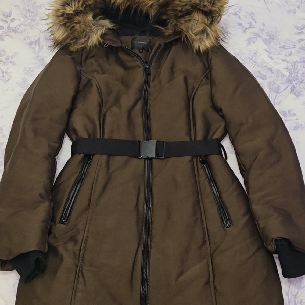 Women's Brown Fur-Trimmed Hooded Coat